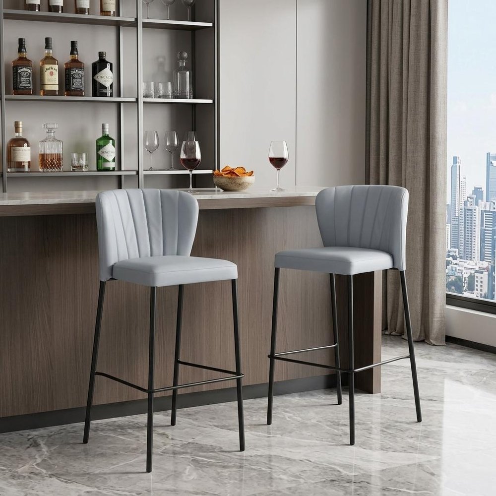 Set of Two 29" Gray And Black Faux Leather And Fabric And Steel Bar Height Bar Chairs HomeRoots