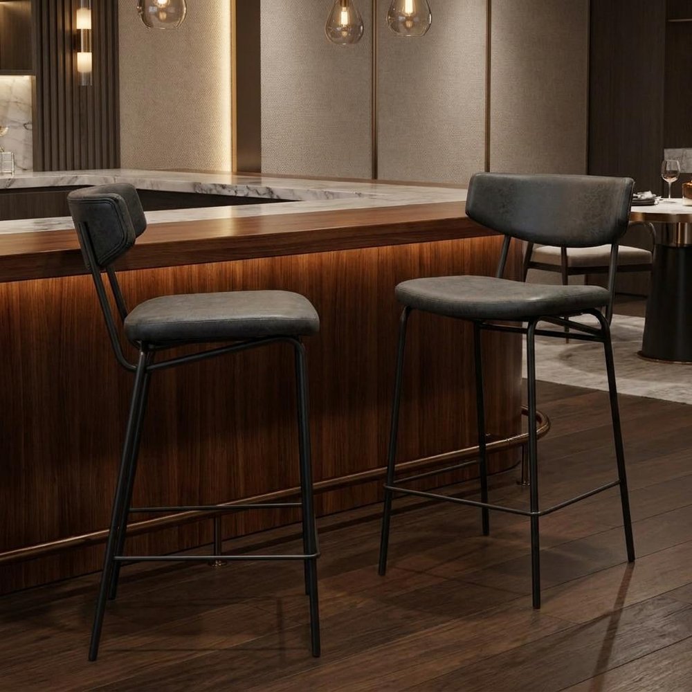 Set of Two 30" Black Faux Leather And Steel Low Back Bar Height Bar Chairs HomeRoots