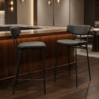 Set of Two 30" Black Faux Leather And Steel Low Back Bar Height Bar Chairs HomeRoots