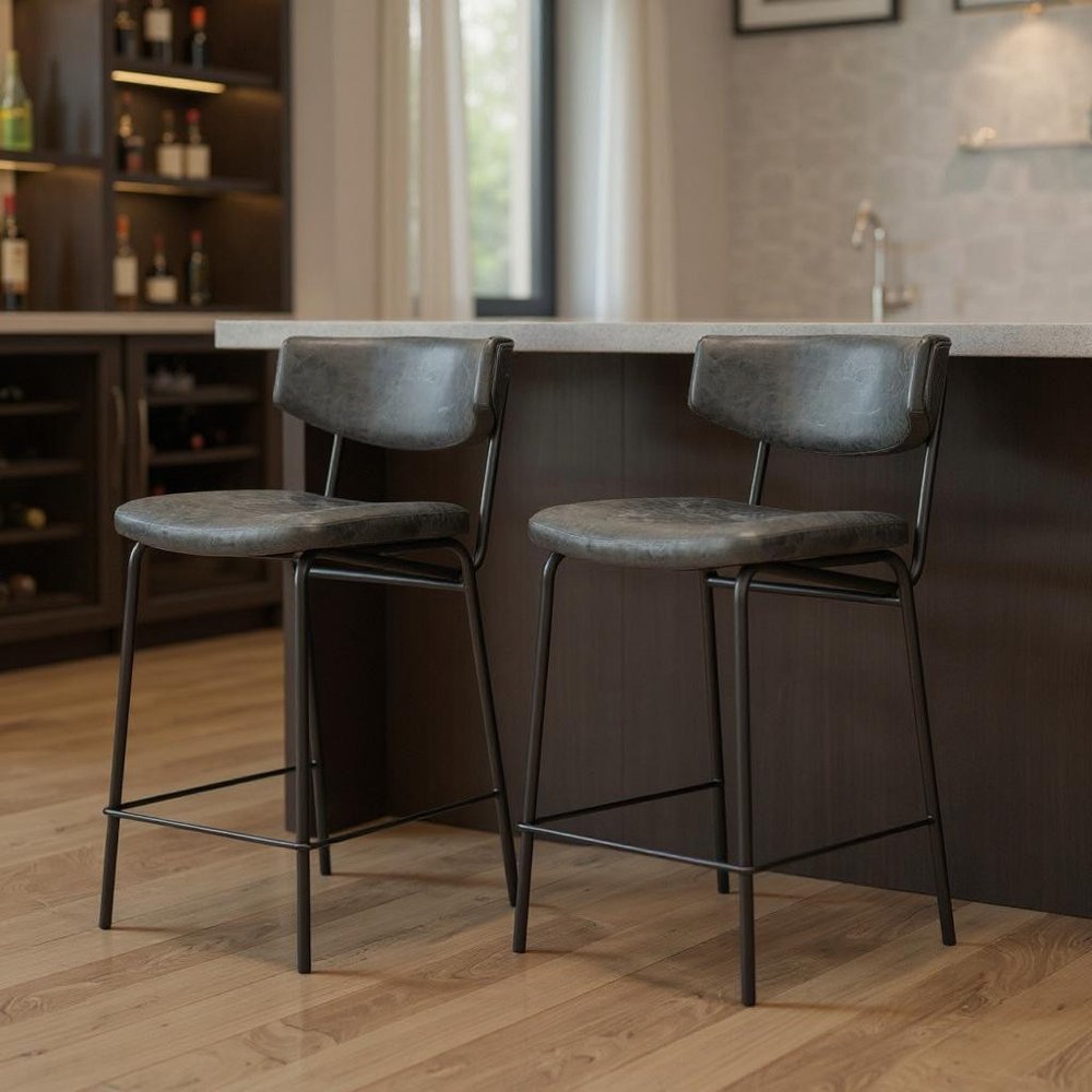 Set of Two 30" Black Faux Leather And Steel Low Back Bar Height Bar Chairs HomeRoots