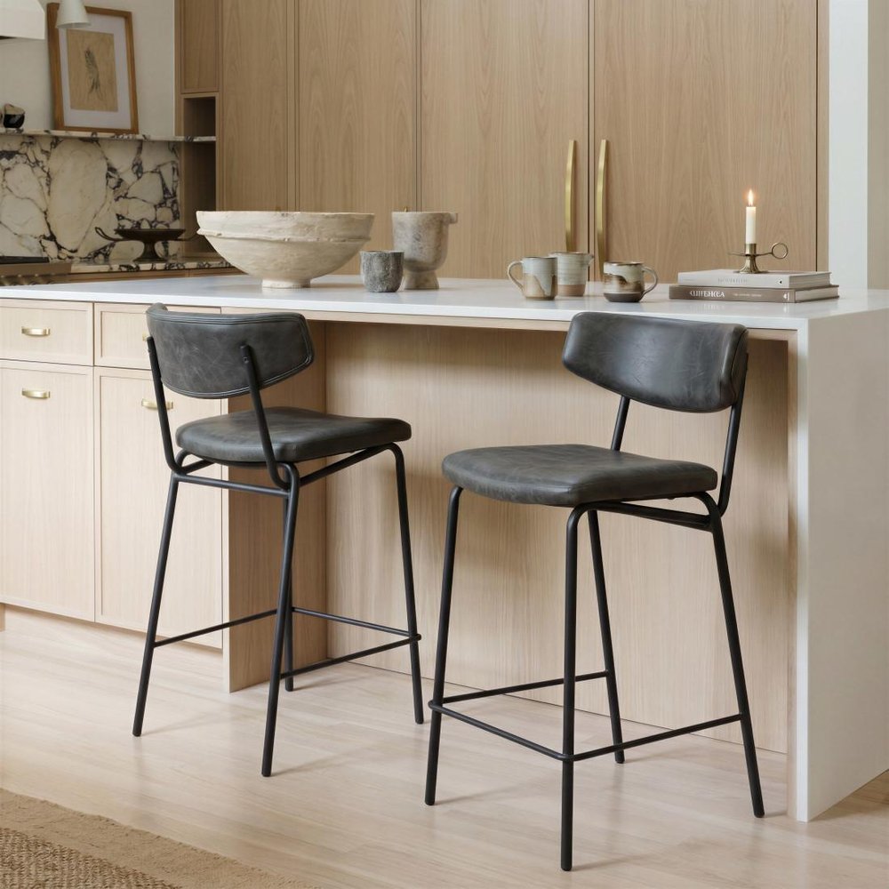 Set of Two 30" Black Faux Leather And Steel Low Back Bar Height Bar Chairs HomeRoots