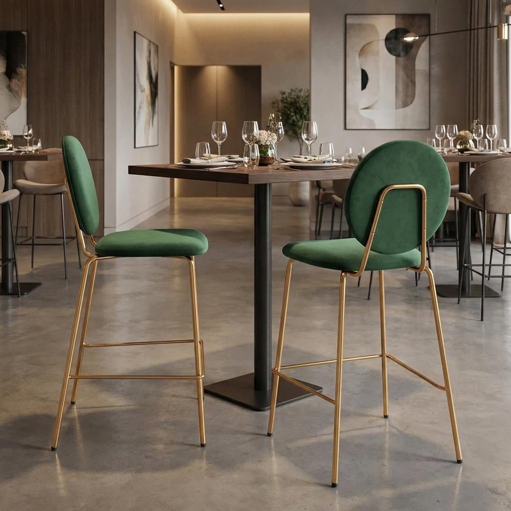 Set of Two 26" Green And Gold Velvet And Steel Counter Height Bar Chairs HomeRoots