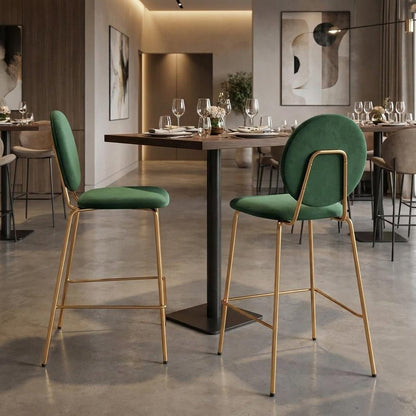 Set of Two 26" Green And Gold Velvet And Steel Counter Height Bar Chairs HomeRoots