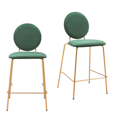 Set of Two 26" Green And Gold Velvet And Steel Counter Height Bar Chairs HomeRoots