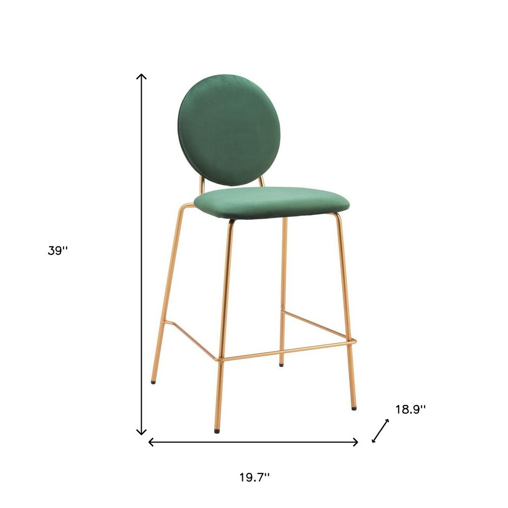 Set of Two 26" Green And Gold Velvet And Steel Counter Height Bar Chairs HomeRoots