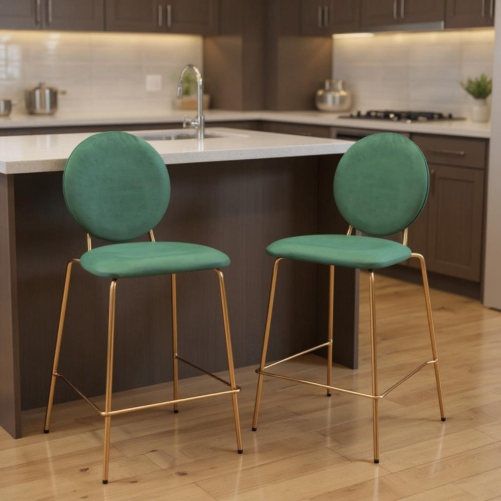 Set of Two 26" Green And Gold Velvet And Steel Counter Height Bar Chairs HomeRoots