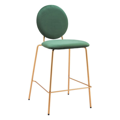 Set of Two 26" Green And Gold Velvet And Steel Counter Height Bar Chairs HomeRoots