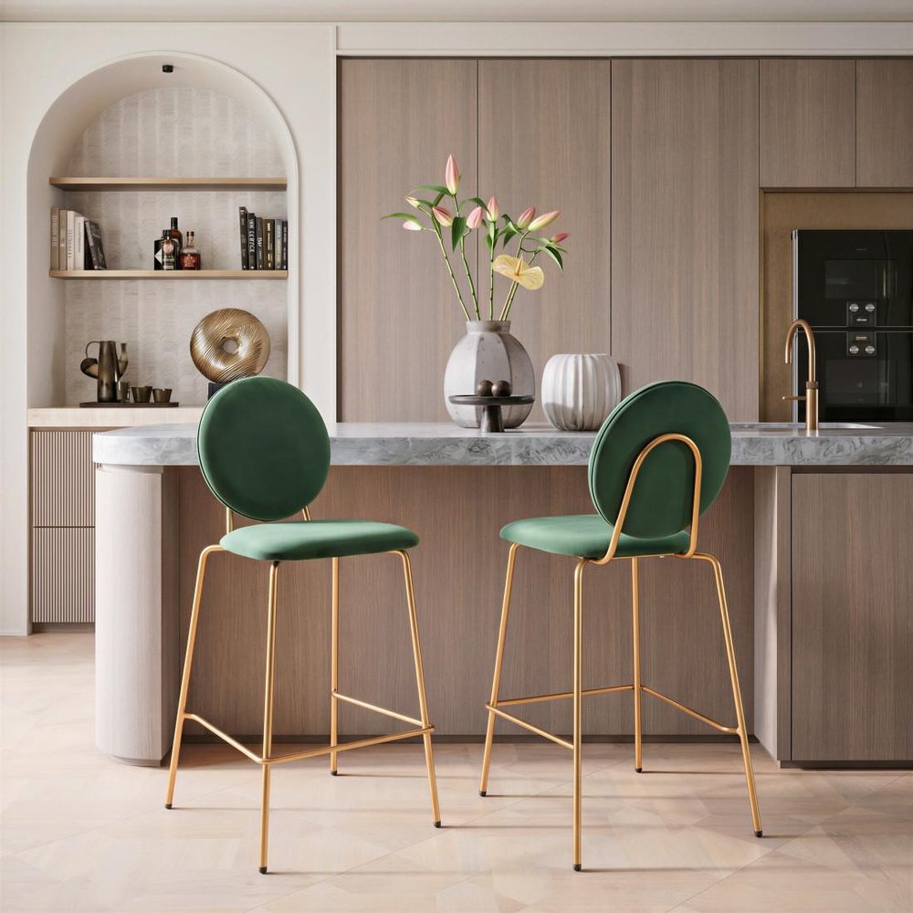 Set of Two 26" Green And Gold Velvet And Steel Counter Height Bar Chairs HomeRoots