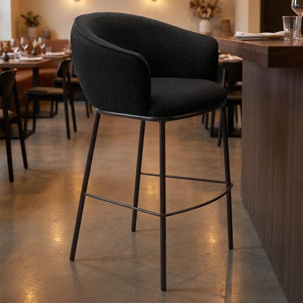 30" Black And Bronze Shearling And Fabric And Steel Bar Height Bar Chair HomeRoots