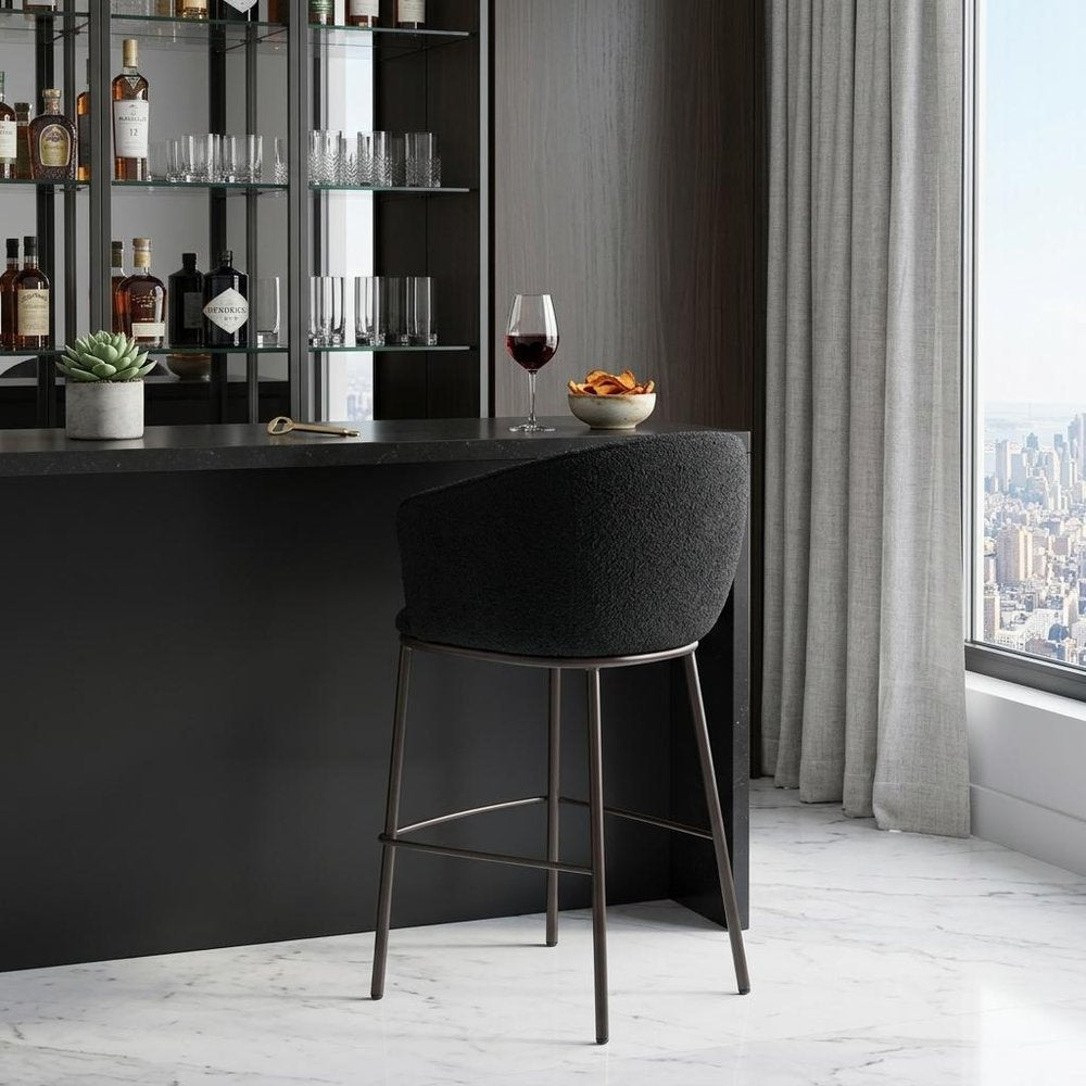 30" Black And Bronze Shearling And Fabric And Steel Bar Height Bar Chair HomeRoots