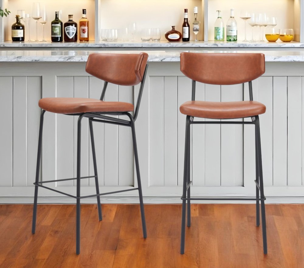 Set of Two 26" Brown And Black Faux Leather And Steel Counter Height Bar Chairs HomeRoots