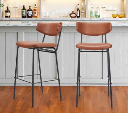 Set of Two 26" Brown And Black Faux Leather And Steel Counter Height Bar Chairs HomeRoots