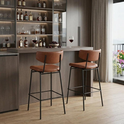 Set of Two 26" Brown And Black Faux Leather And Fabric And Steel Bar Height Bar Chairs HomeRoots