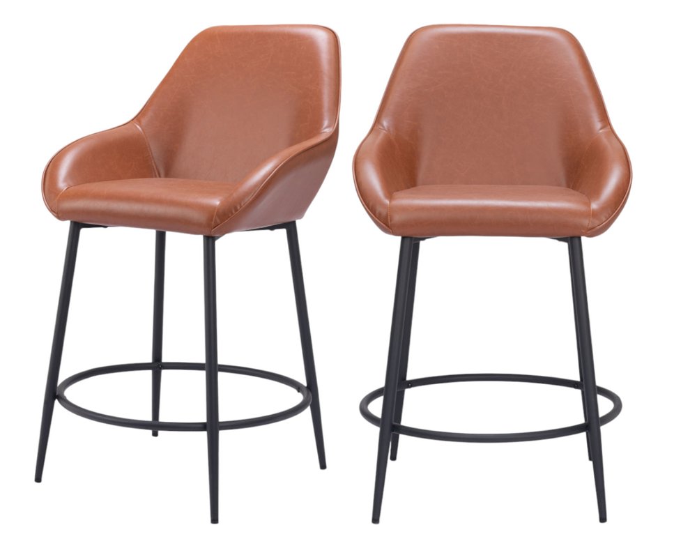 Set of Two 25" Brown And Black Faux Leather And Fabric And Steel Counter Height Bar Chairs HomeRoots