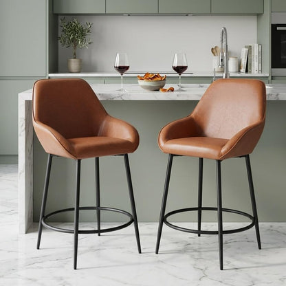 Set of Two 25" Brown And Black Faux Leather And Fabric And Steel Counter Height Bar Chairs HomeRoots