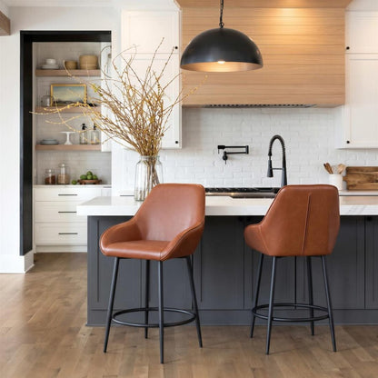 Set of Two 25" Brown And Black Faux Leather And Fabric And Steel Counter Height Bar Chairs HomeRoots