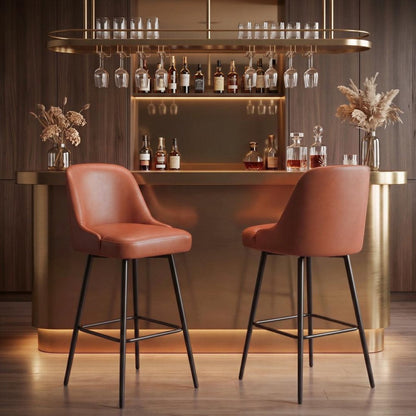 30" Brown And Black Faux Leather And Fabric And Steel Bar Height Swivel Bar Chair HomeRoots