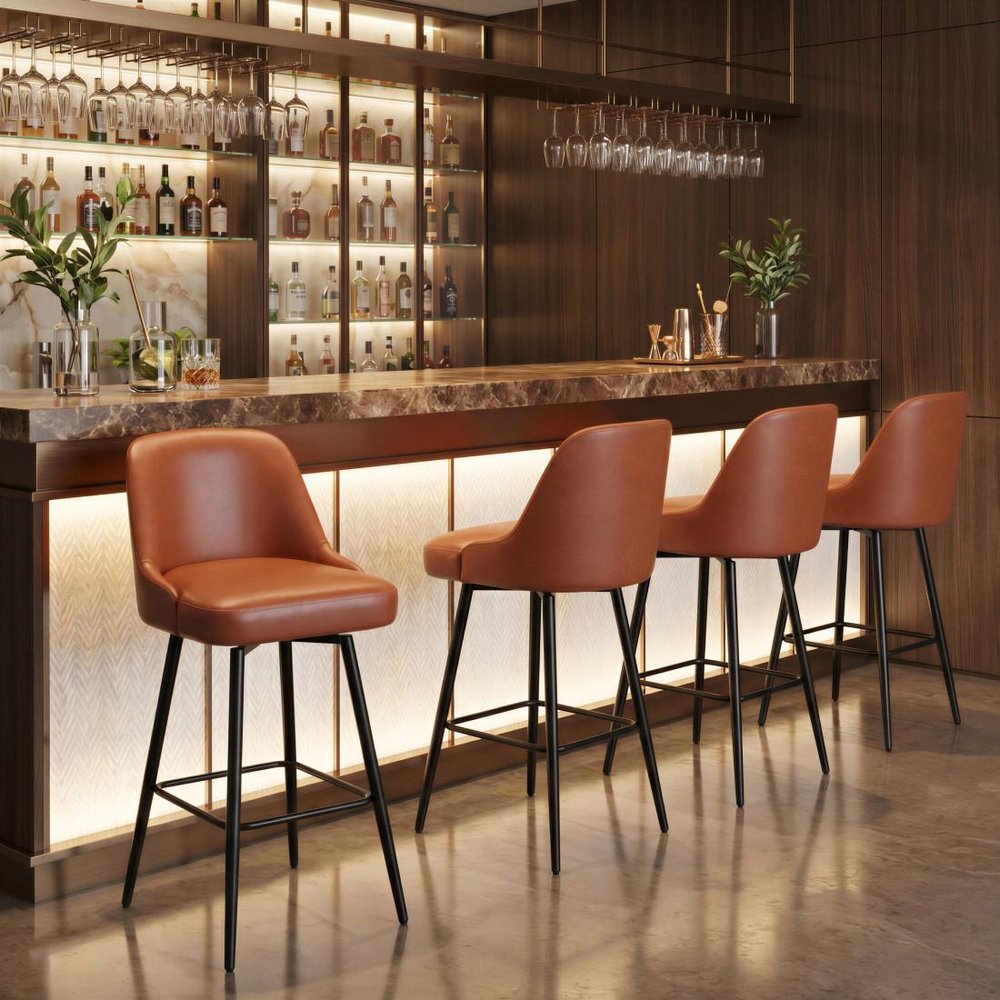 30" Brown And Black Faux Leather And Fabric And Steel Bar Height Swivel Bar Chair HomeRoots