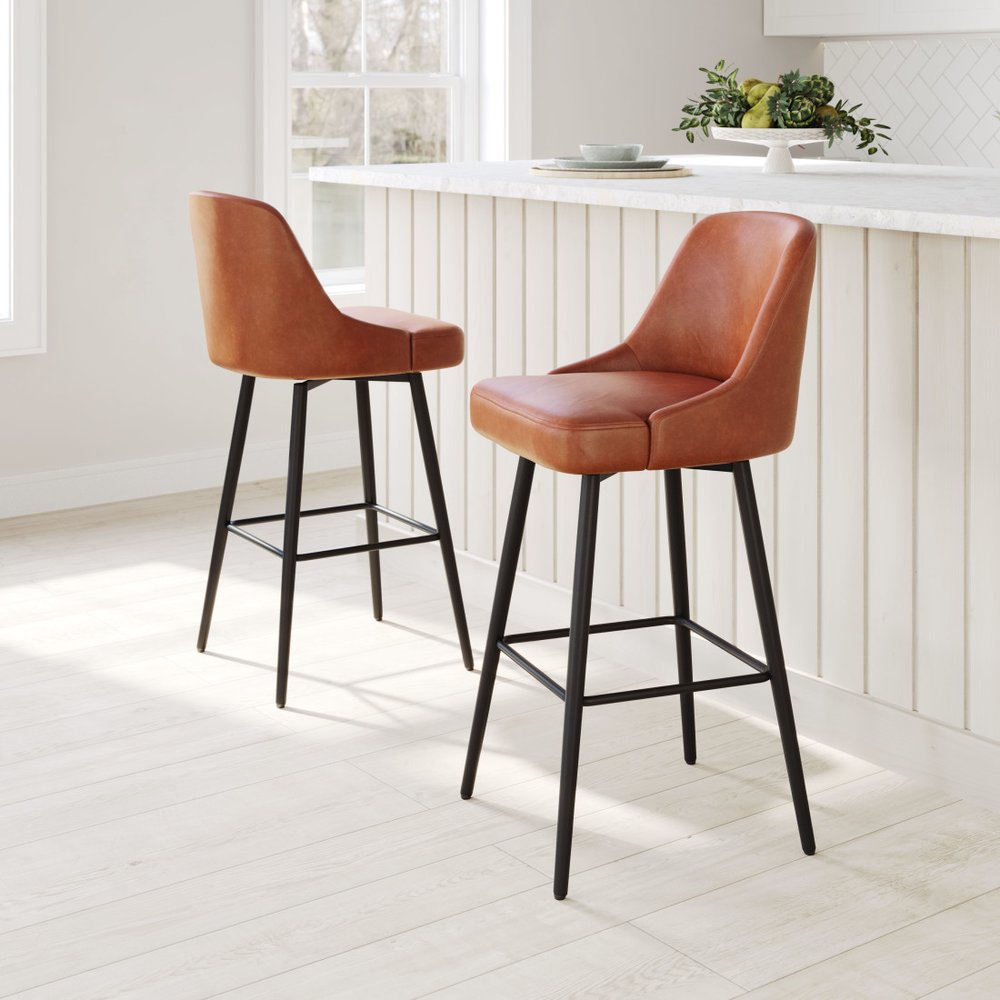 30" Brown And Black Faux Leather And Fabric And Steel Bar Height Swivel Bar Chair HomeRoots