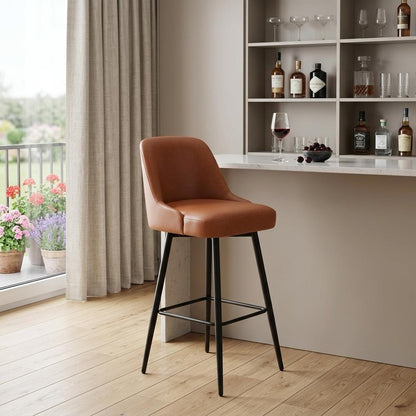 30" Brown And Black Faux Leather And Fabric And Steel Bar Height Swivel Bar Chair HomeRoots