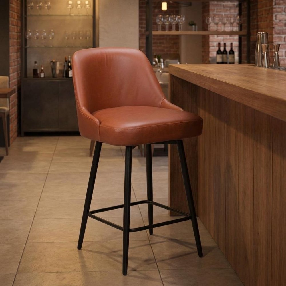 26" Brown And Black Faux Leather And Fabric And Steel Counter Height Swivel Bar Chair — view 10