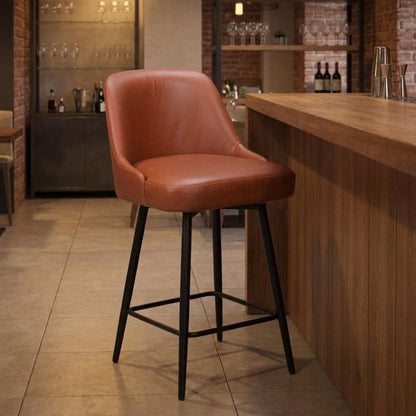 26" Brown And Black Faux Leather And Fabric And Steel Counter Height Swivel Bar Chair HomeRoots