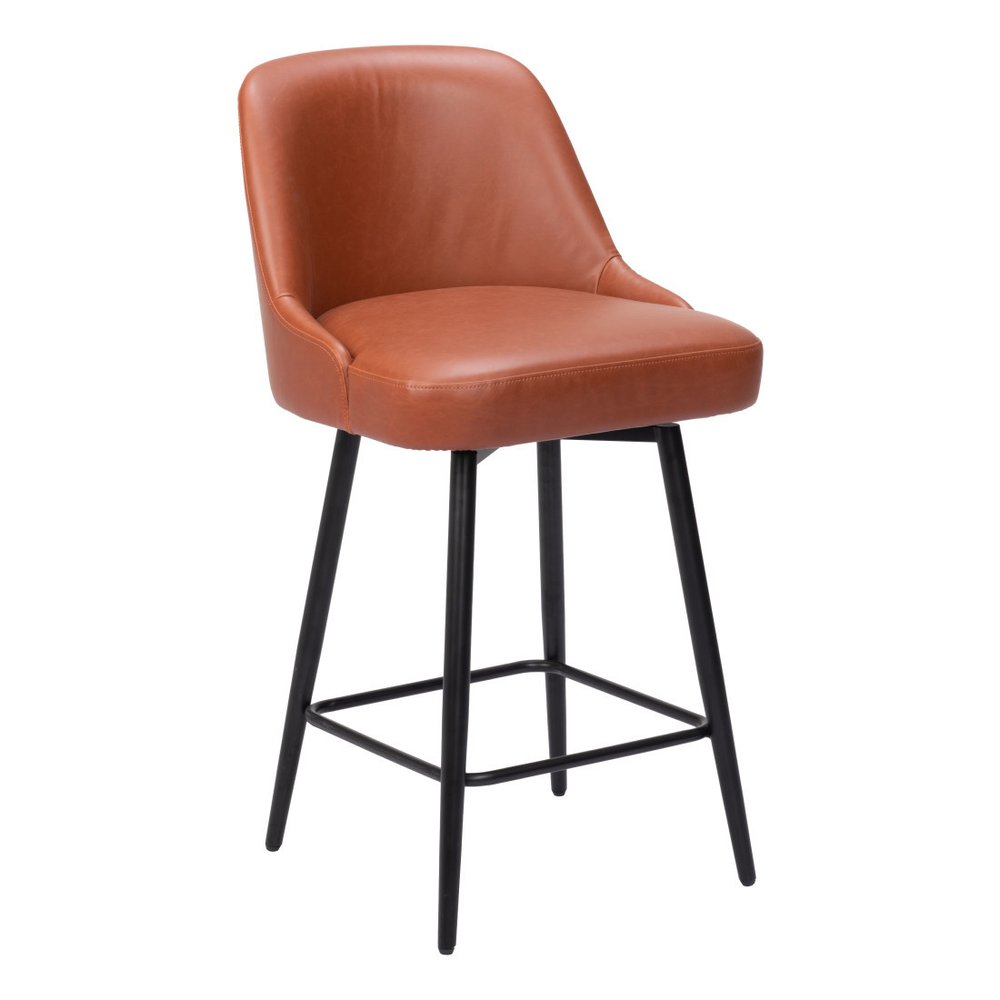 26" Brown And Black Faux Leather And Fabric And Steel Counter Height Swivel Bar Chair HomeRoots