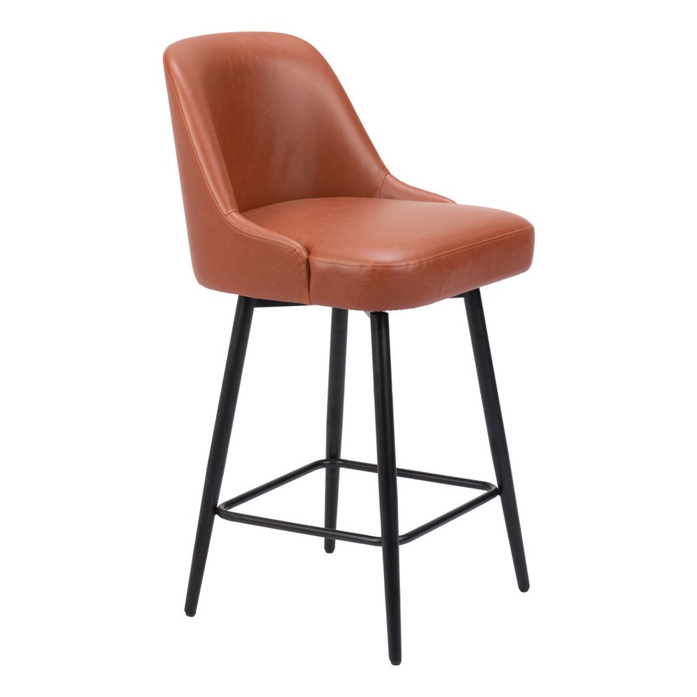 26" Brown And Black Faux Leather And Fabric And Steel Counter Height Swivel Bar Chair HomeRoots