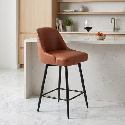 26" Brown And Black Faux Leather And Fabric And Steel Counter Height Swivel Bar Chair HomeRoots