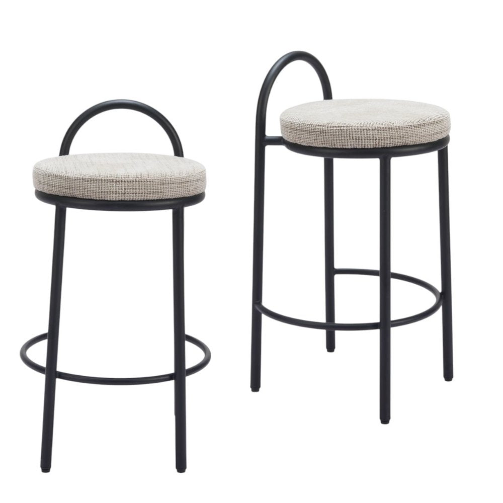 Set of Two 26" Beige And Black Chenille And Steel Low Back Counter Height Bar Chairs HomeRoots