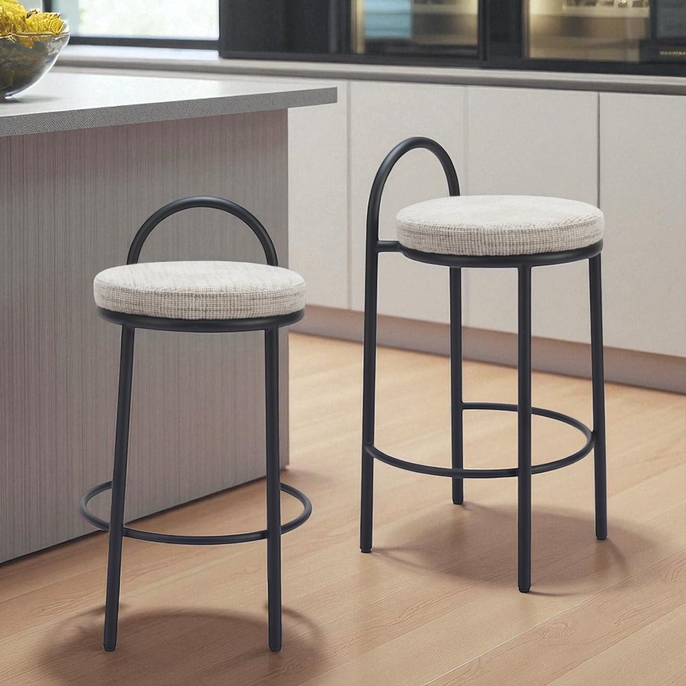 Set of Two 26" Beige And Black Chenille And Steel Low Back Counter Height Bar Chairs HomeRoots