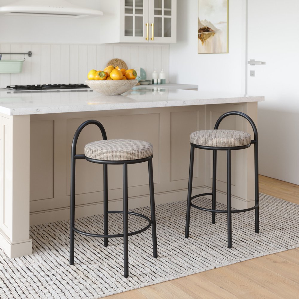 Set of Two 26" Beige and Black Chenille and Steel Low Back Counter Height Bar Chairs HomeRoots