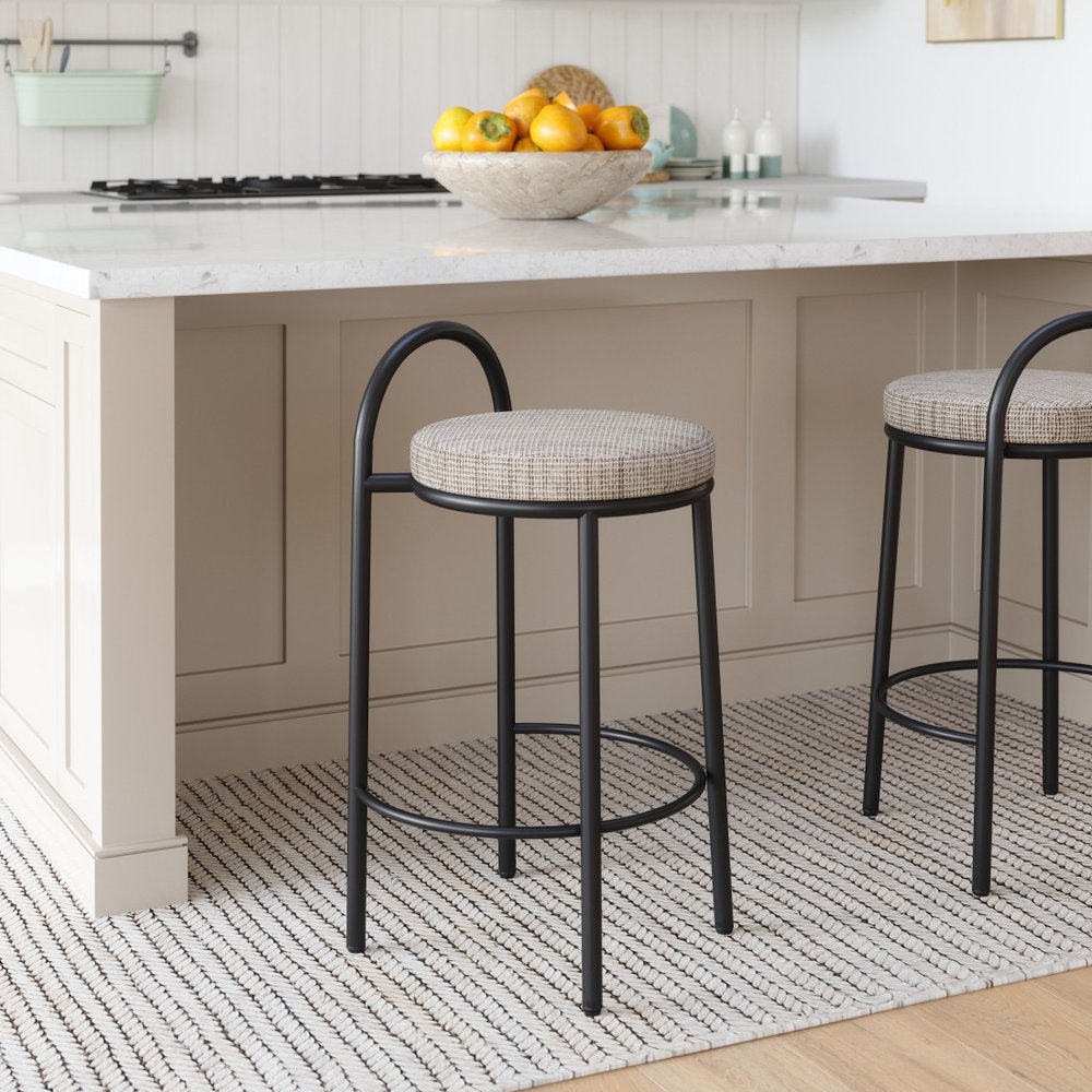 Set of Two 26" Beige and Black Chenille and Steel Low Back Counter Height Bar Chairs HomeRoots