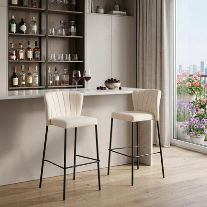 Set of Two 29" Cream And Black Faux Leather And Fabric And Steel Bar Height Bar Chairs HomeRoots