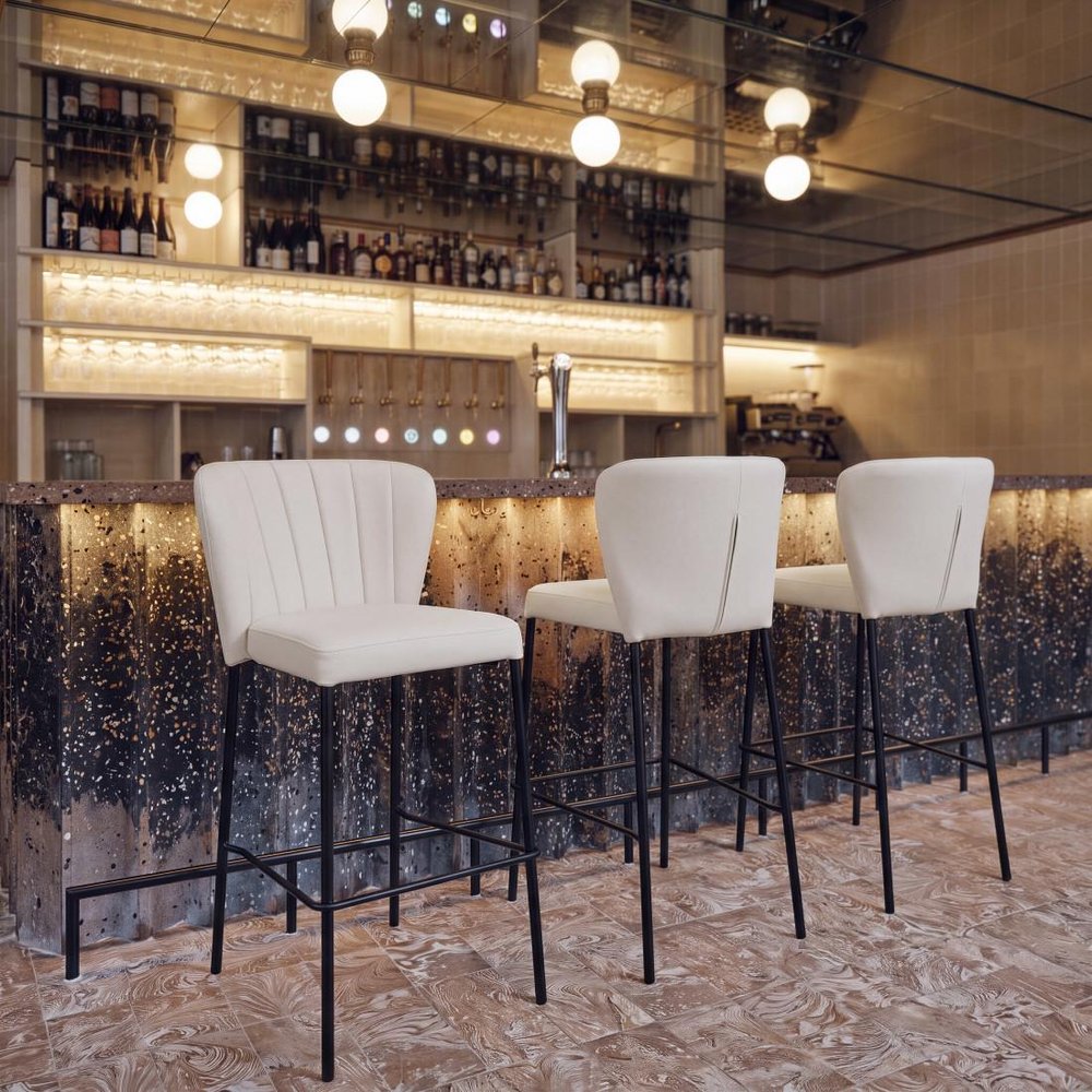 Set of Two 29" Cream And Black Faux Leather And Fabric And Steel Bar Height Bar Chairs HomeRoots