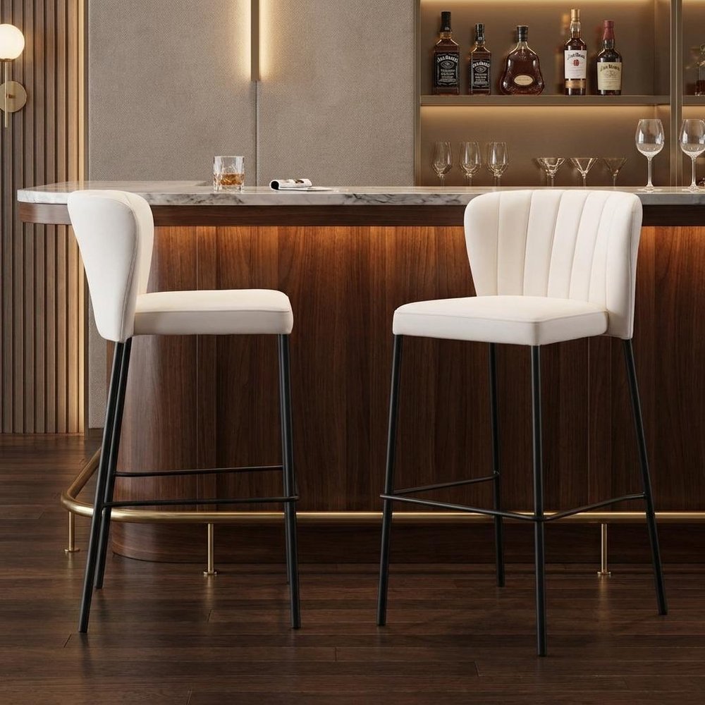 Set of Two 29" Cream And Black Faux Leather And Fabric And Steel Bar Height Bar Chairs HomeRoots