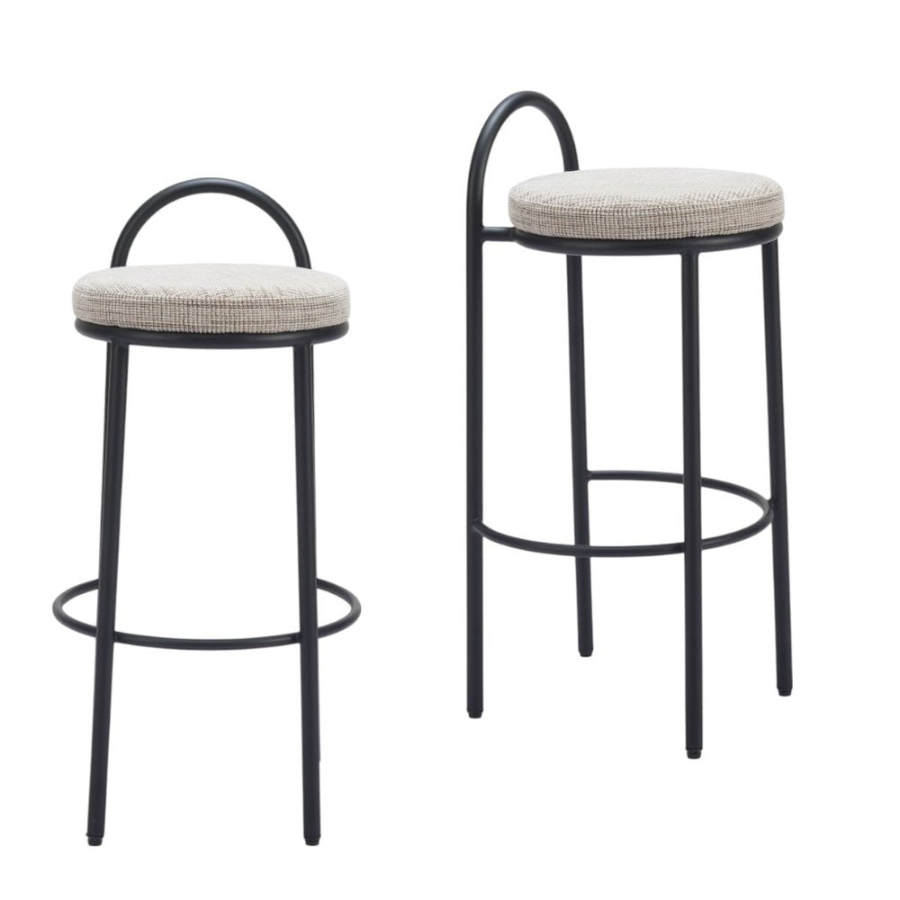 Set of Two 30" Beige And Black Chenille And Steel Low Back Bar Height Bar Chairs HomeRoots