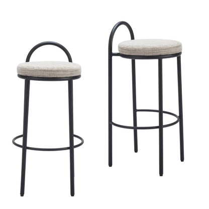 Set of Two 30" Beige And Black Chenille And Steel Low Back Bar Height Bar Chairs HomeRoots