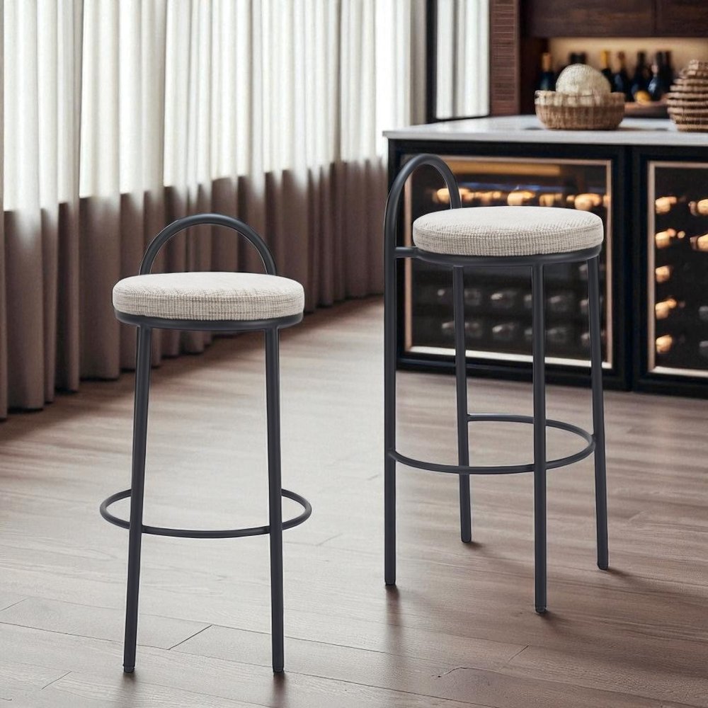 Set of Two 30" Beige And Black Chenille And Steel Low Back Bar Height Bar Chairs HomeRoots