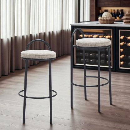 Set of Two 30" Beige And Black Chenille And Steel Low Back Bar Height Bar Chairs HomeRoots