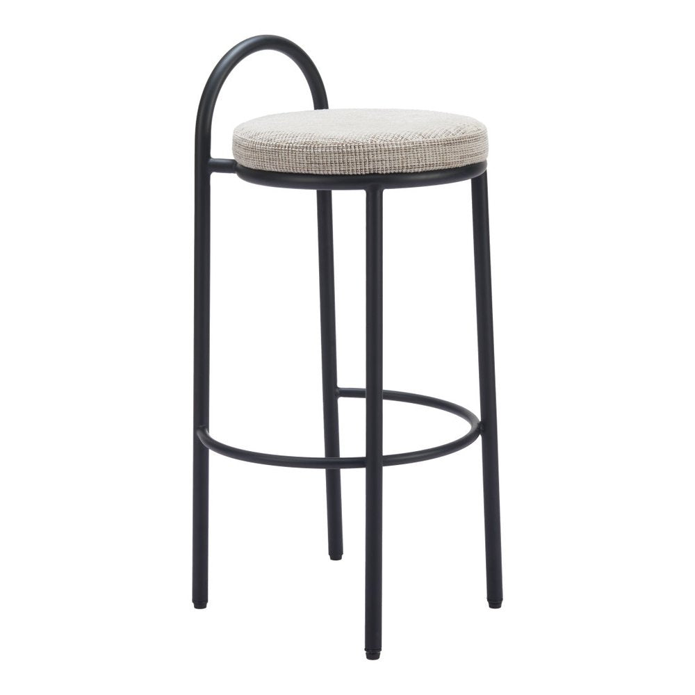 Set of Two 30" Beige And Black Chenille And Steel Low Back Bar Height Bar Chairs HomeRoots