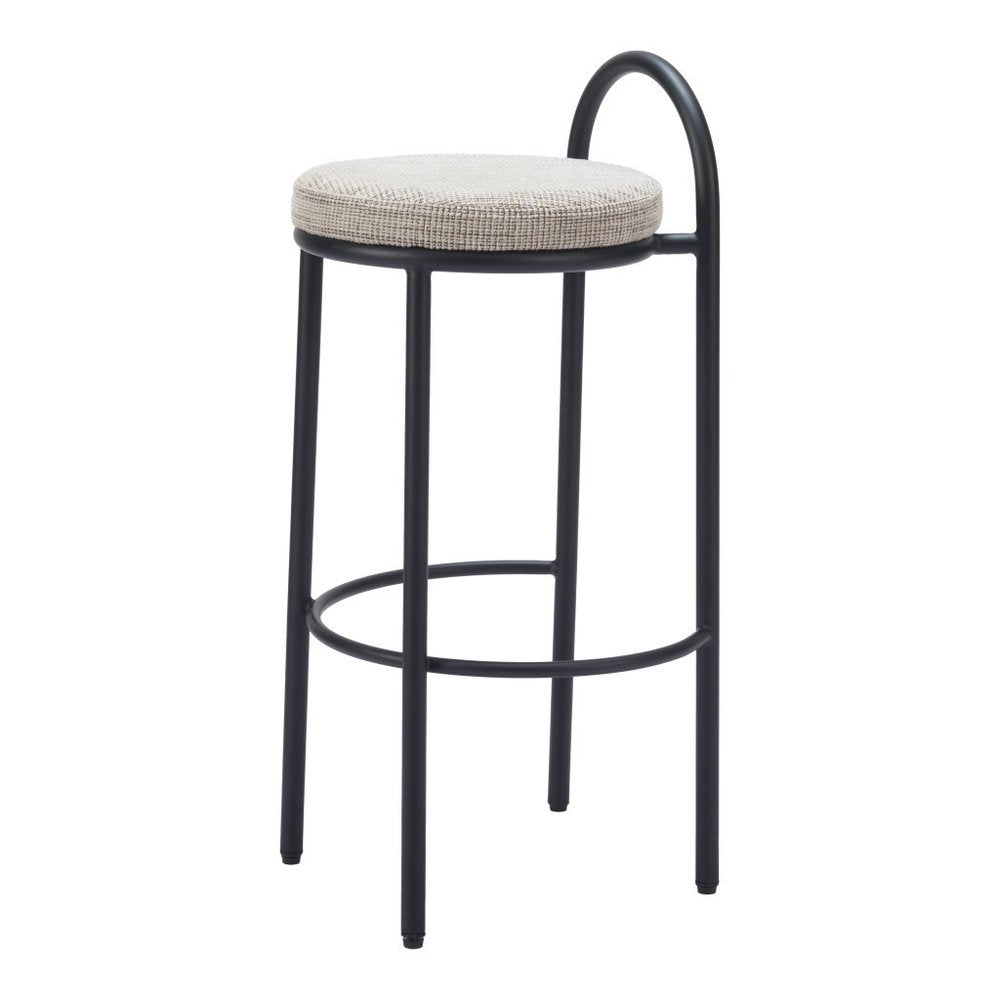 Set of Two 30" Beige And Black Chenille And Steel Low Back Bar Height Bar Chairs HomeRoots