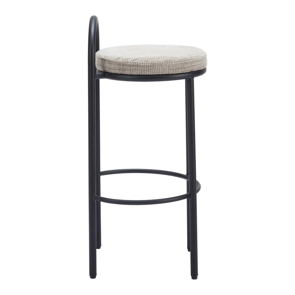 Set of Two 30" Beige And Black Chenille And Steel Low Back Bar Height Bar Chairs HomeRoots