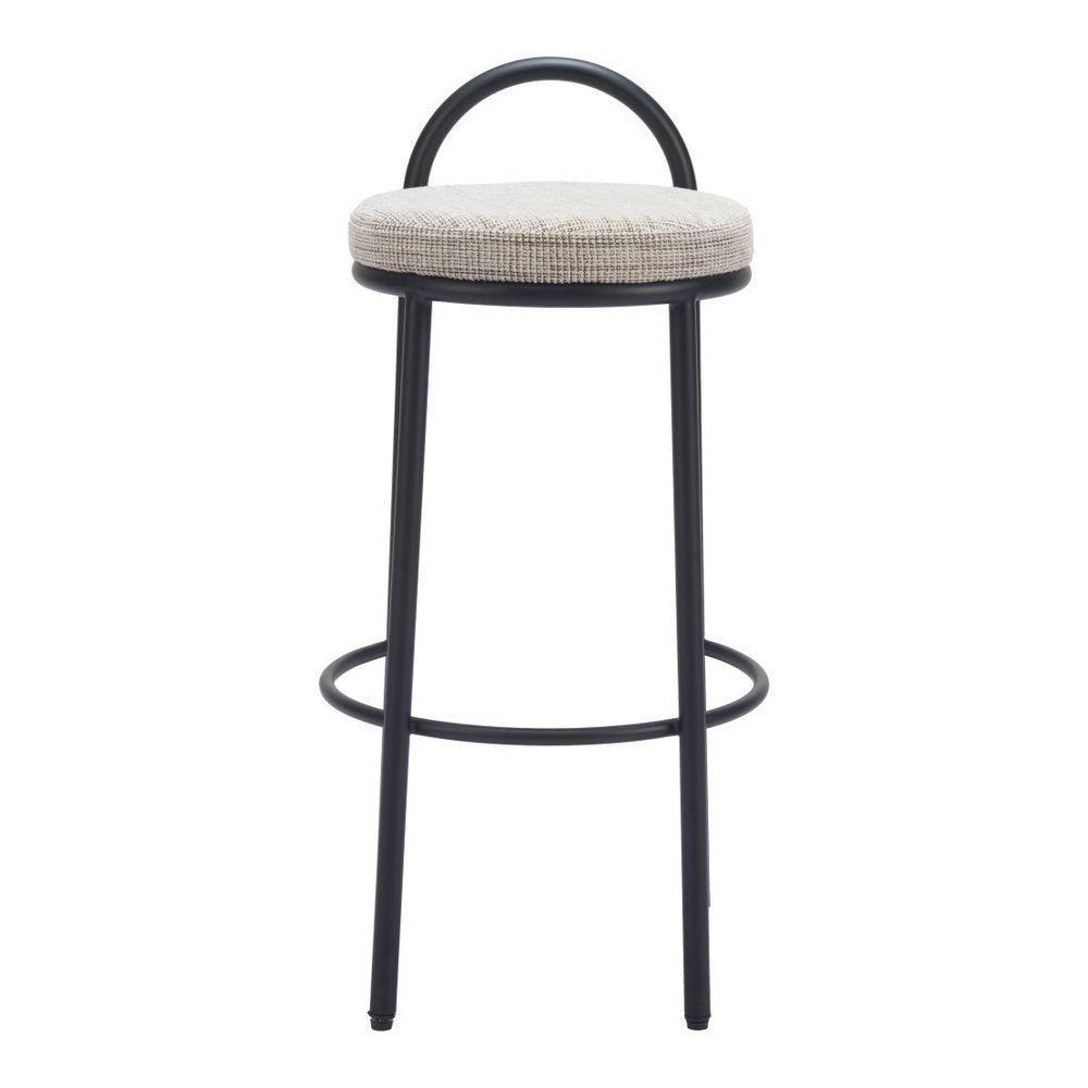 Set of Two 30" Beige And Black Chenille And Steel Low Back Bar Height Bar Chairs HomeRoots