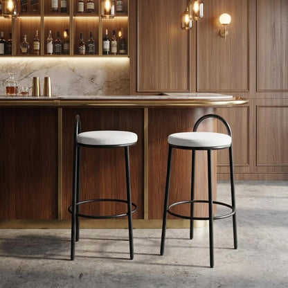 Set of Two 30" Beige And Black Chenille And Steel Low Back Bar Height Bar Chairs HomeRoots
