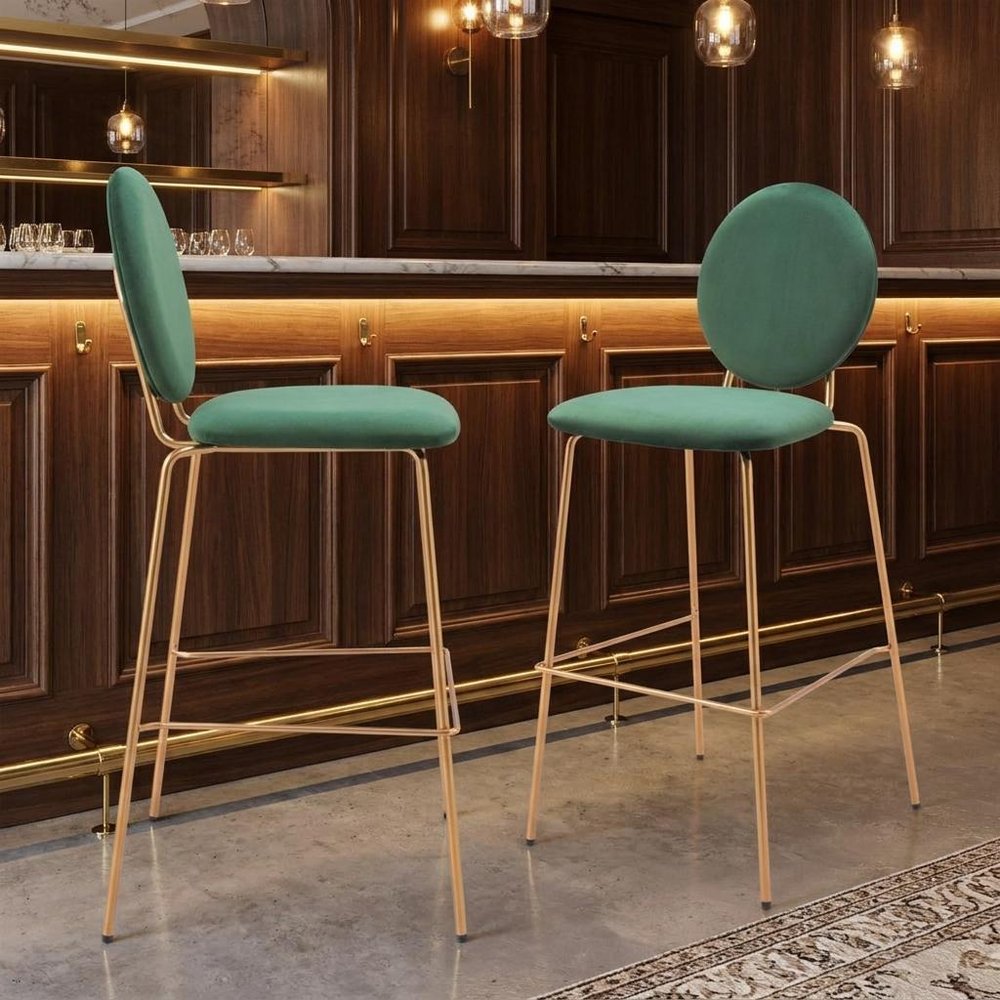 Set of Two 30" Green And Gold Velvet And Steel Bar Height Bar Chairs — view 26