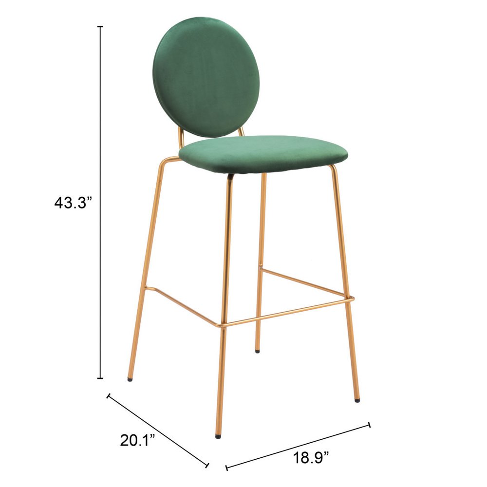 Set of Two 30" Green and Gold Velvet and Steel Bar Height Bar Chairs HomeRoots
