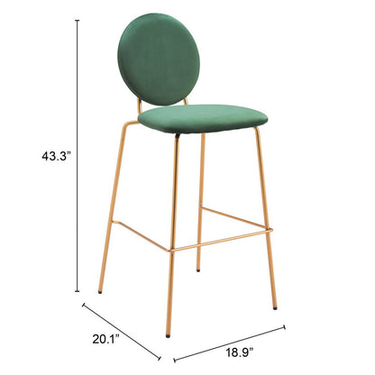 Set of Two 30" Green and Gold Velvet and Steel Bar Height Bar Chairs HomeRoots