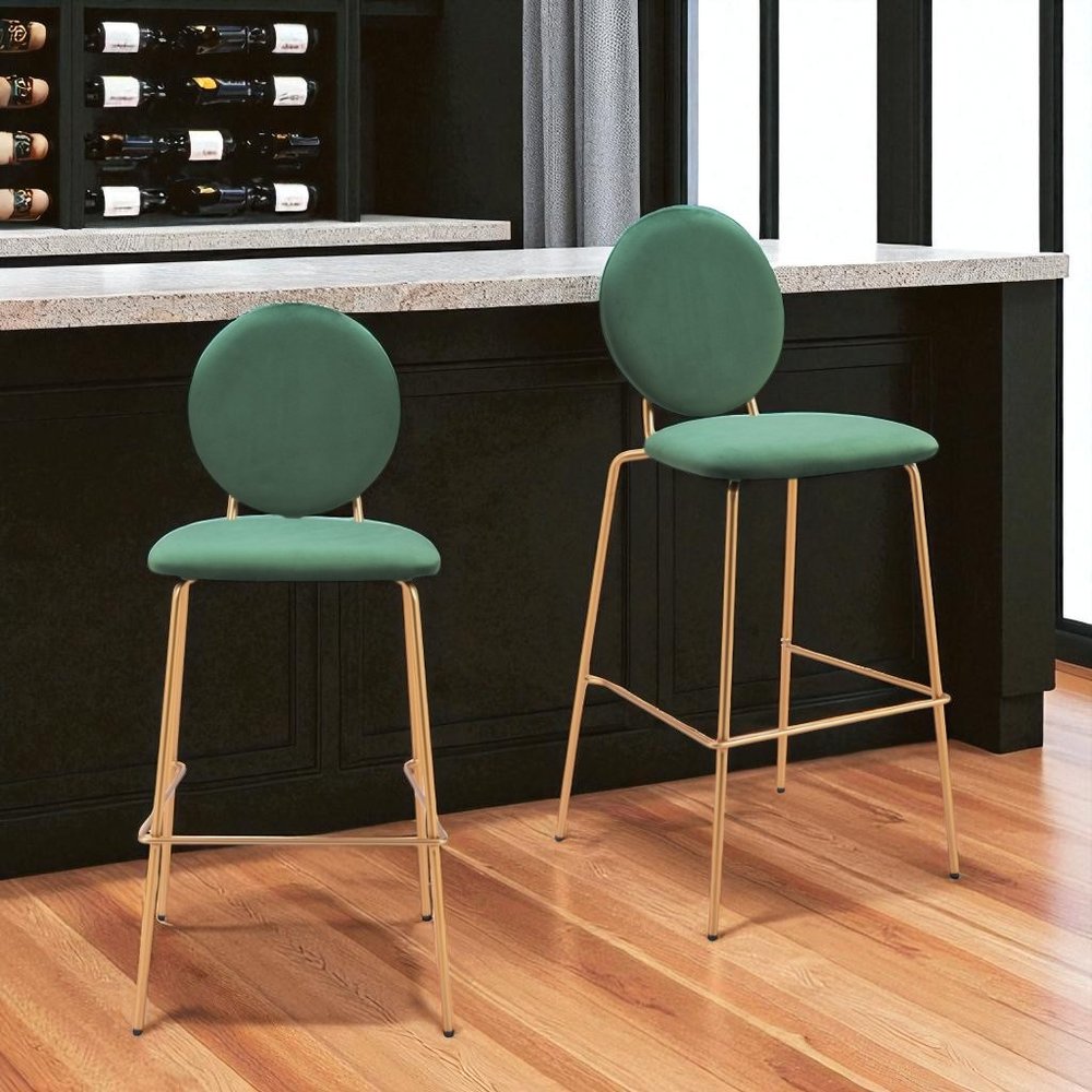 Set of Two 30" Green And Gold Velvet And Steel Bar Height Bar Chairs HomeRoots