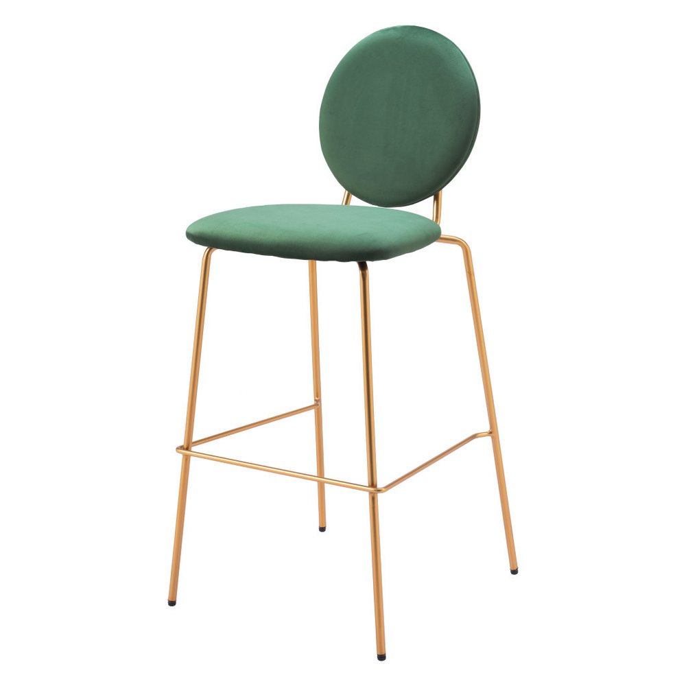 Set of Two 30" Green And Gold Velvet And Steel Bar Height Bar Chairs HomeRoots